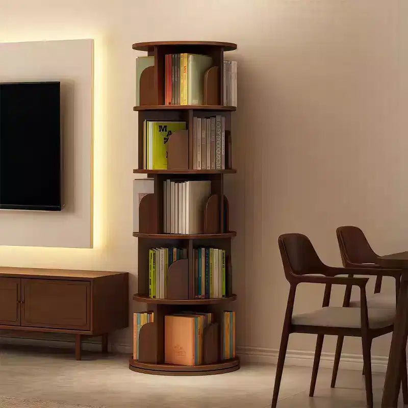 Étagère à Livres Moderne Rotative à 360°, Bibliothèque d'Angle Naturelle à 5 Niveaux sur Pied pour Petits Espaces, Étagère de Présentation Ronde pour Salon-Panipeachy