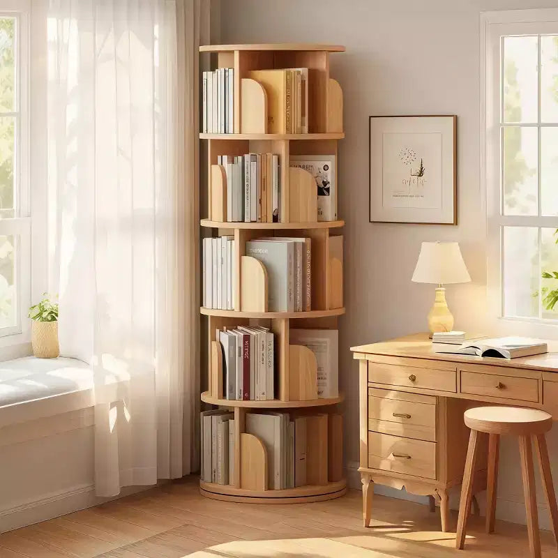 Modern 360 Rotating Bookshelf, Floor-Standing 5-Tier Natural Corner Bookcase for Small Spaces, Round Display Shelf for Living Room-Panipeachy
