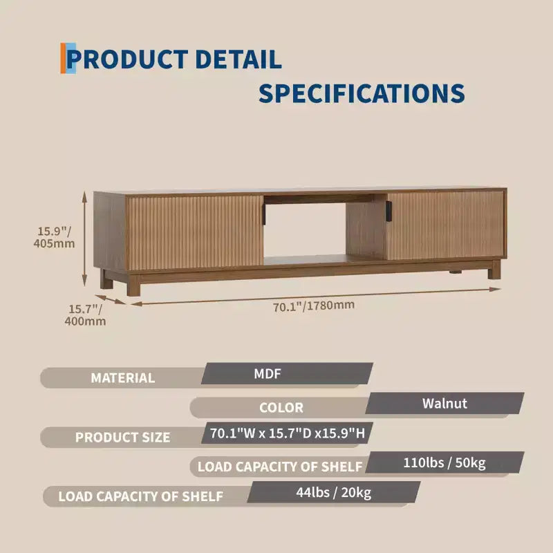 Meuble TV style ferme moderne cannelé de 70 po - Centre de divertissement pour téléviseurs jusqu'à 80 po, étagères réglables, console de rangement pour salon