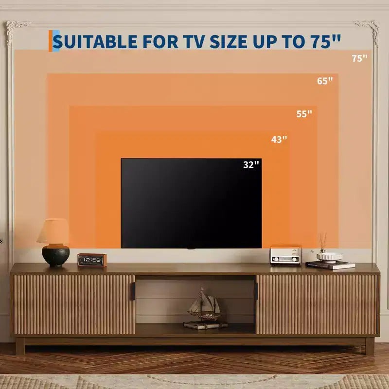 Meuble TV style ferme moderne cannelé de 70 po - Centre de divertissement pour téléviseurs jusqu'à 80 po, étagères réglables, console de rangement pour salon