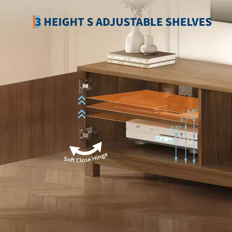 Meuble TV style ferme moderne cannelé de 70 po - Centre de divertissement pour téléviseurs jusqu'à 80 po, étagères réglables, console de rangement pour salon