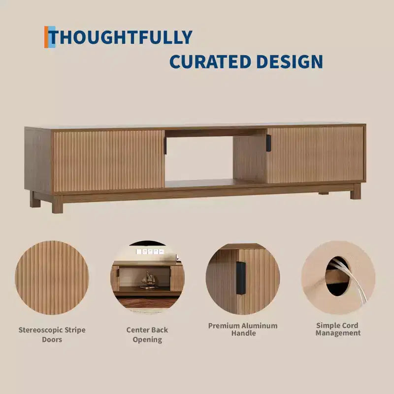 Meuble TV style ferme moderne cannelé de 70 po - Centre de divertissement pour téléviseurs jusqu'à 80 po, étagères réglables, console de rangement pour salon