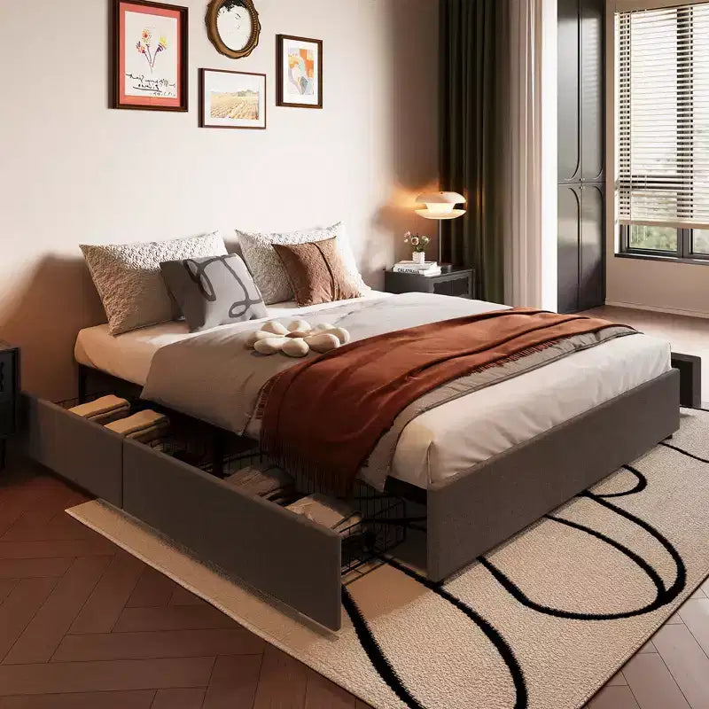 Cadre de lit plateforme King Size avec 4 tiroirs de rangement et tête de lit rembourrée en lin, support à lattes en bois, pas besoin de sommier tapissier, assemblage facile, gris foncé