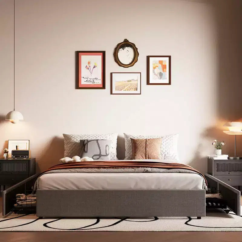 Cadre de lit plateforme King Size avec 4 tiroirs de rangement et tête de lit rembourrée en lin, support à lattes en bois, pas besoin de sommier tapissier, assemblage facile, gris foncé