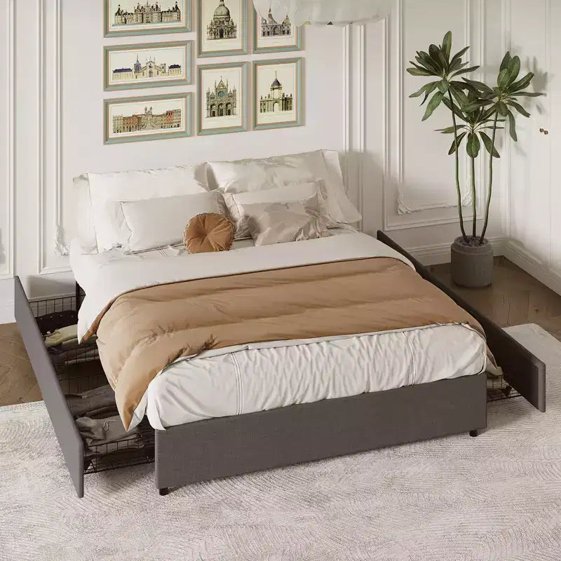Cadre de lit plateforme King Size avec 4 tiroirs de rangement et tête de lit rembourrée en lin, support à lattes en bois, pas besoin de sommier tapissier, assemblage facile, gris foncé