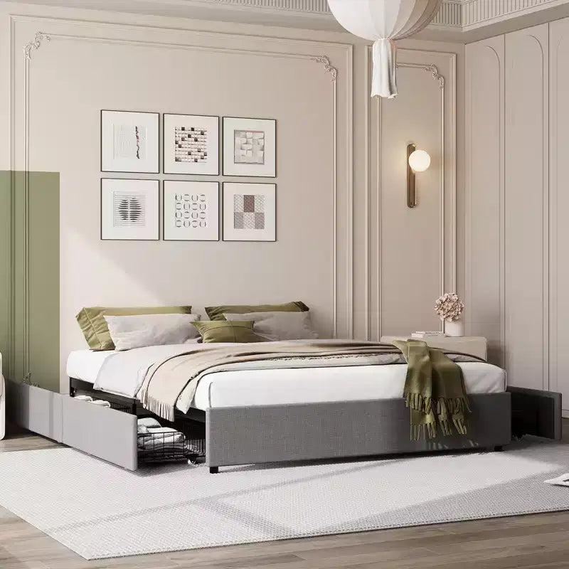 Cadre de lit plateforme King Size avec 4 tiroirs de rangement et tête de lit rembourrée en lin, support à lattes en bois, pas besoin de sommier tapissier, assemblage facile, gris foncé