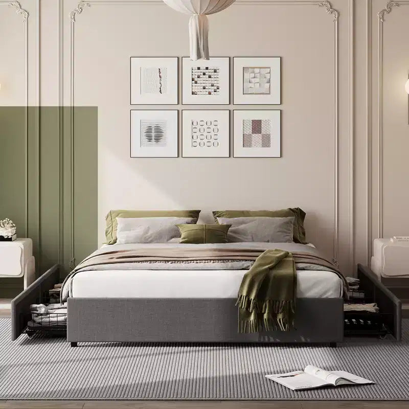 Cadre de lit plateforme King Size avec 4 tiroirs de rangement et tête de lit rembourrée en lin, support à lattes en bois, pas besoin de sommier tapissier, assemblage facile, gris foncé