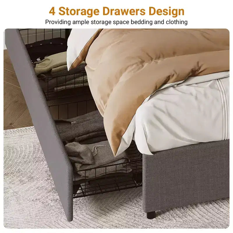 Cadre de lit plateforme King Size avec 4 tiroirs de rangement et tête de lit rembourrée en lin, support à lattes en bois, pas besoin de sommier tapissier, assemblage facile, gris foncé