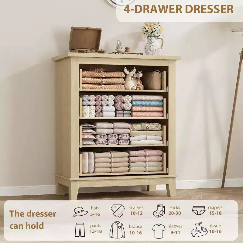 34.8 Commode verticale à 4 tiroirs avec sécurité anti-basculement - Meuble de rangement en bois pour chambre à coucher ou salon