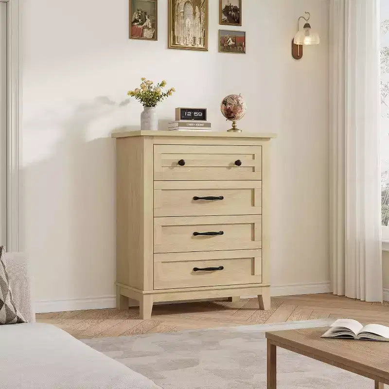 34.8 Commode verticale à 4 tiroirs avec sécurité anti-basculement - Meuble de rangement en bois pour chambre à coucher ou salon