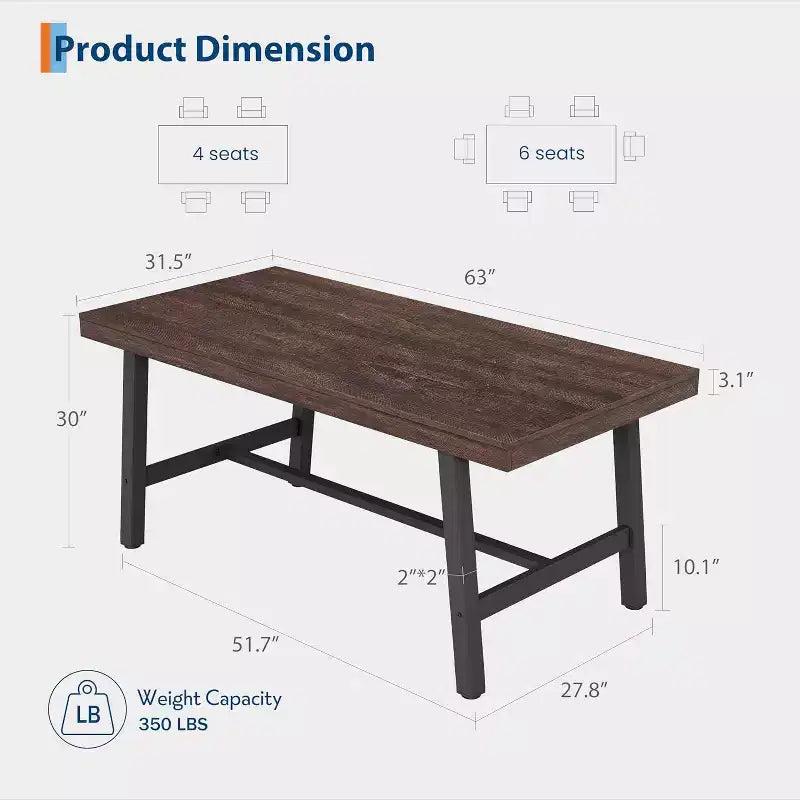 Table de Salle à Manger Industrielle GustoWave pour 4-6 Personnes - Table de Cuisine en Bois de 160 cm de Long avec Cadre Métallique Robuste et Finition Noire