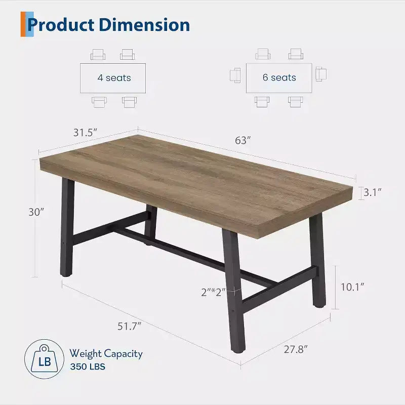 Table de Salle à Manger Industrielle GustoWave pour 4-6 Personnes - Table de Cuisine en Bois de 160 cm de Long avec Cadre Métallique Robuste et Finition Noire