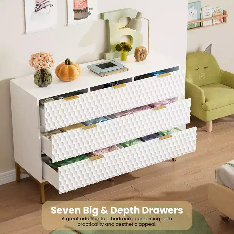 Commode 7 tiroirs, meuble de rangement moderne et épuré pour placard, blanc