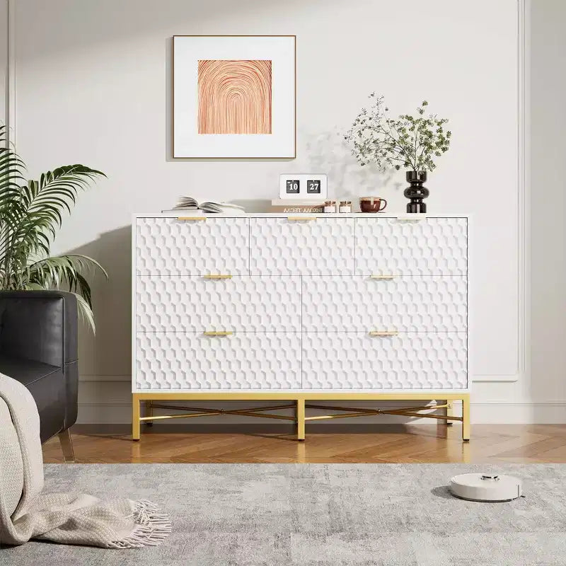 Commode 7 tiroirs, meuble de rangement moderne et épuré pour placard, blanc