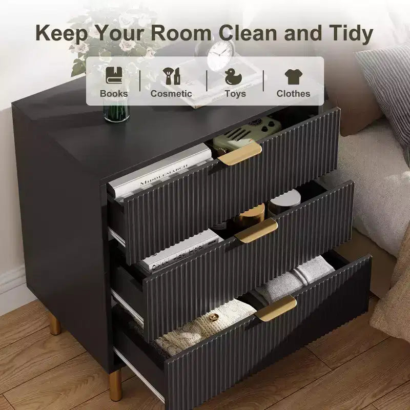 Commode à 3 tiroirs, grande table de chevet pour chambre à coucher, noire