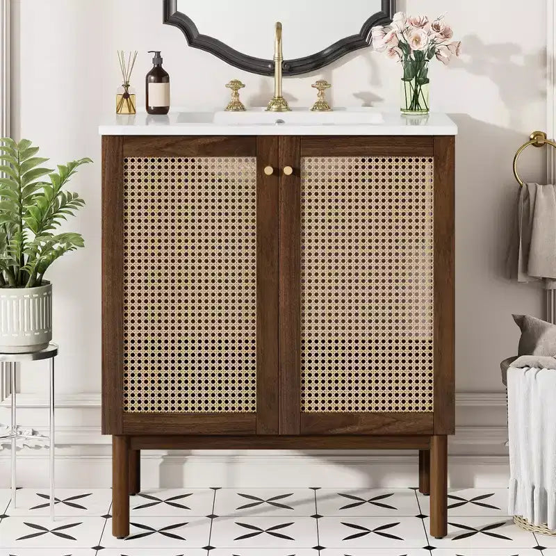 JVNOXK 30-inch Bathroom Vanity MDF cabinet body Hand-woven bamboo doors with soft-close mechanism Suitable for bedrooms Walnut