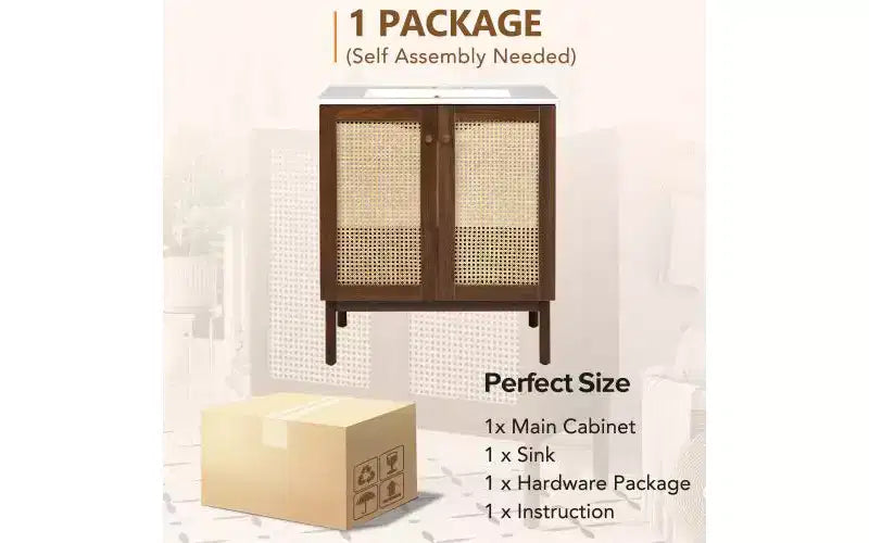 Meuble-lavabo JVNOXK de 30 po Corps de meuble en MDF Portes en bambou tressé à la main avec mécanisme de fermeture en douceur Convient aux chambres à coucher Noyer
