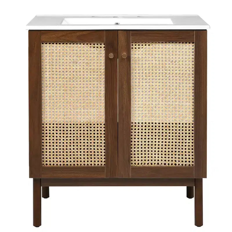 Meuble-lavabo JVNOXK de 30 po Corps de meuble en MDF Portes en bambou tressé à la main avec mécanisme de fermeture en douceur Convient aux chambres à coucher Noyer