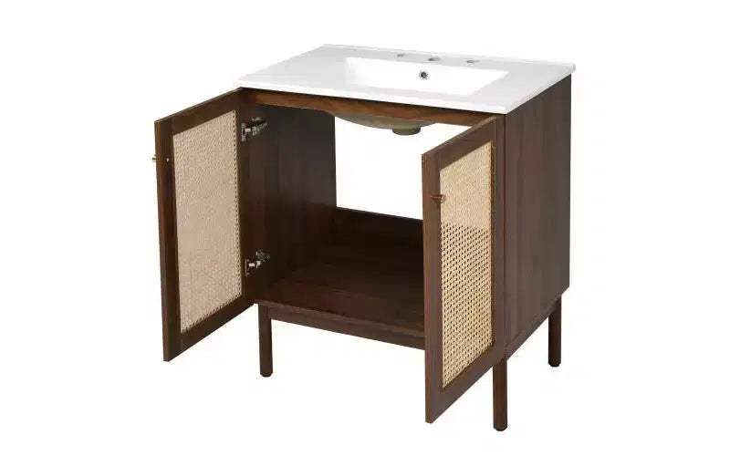 Meuble-lavabo JVNOXK de 30 po Corps de meuble en MDF Portes en bambou tressé à la main avec mécanisme de fermeture en douceur Convient aux chambres à coucher Noyer