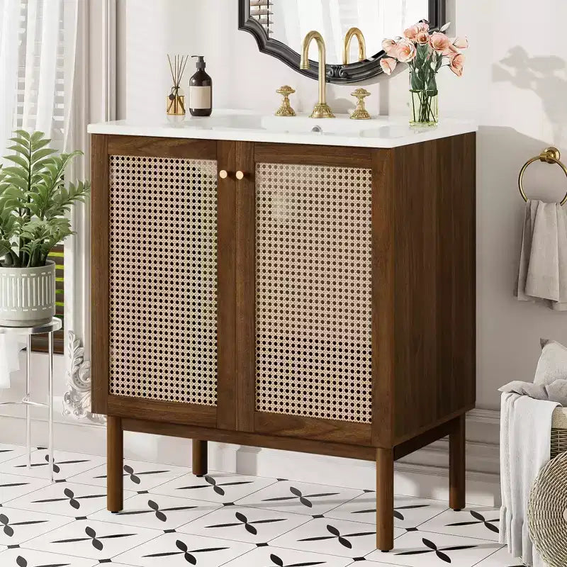 Meuble-lavabo JVNOXK de 30 po Corps de meuble en MDF Portes en bambou tressé à la main avec mécanisme de fermeture en douceur Convient aux chambres à coucher Noyer