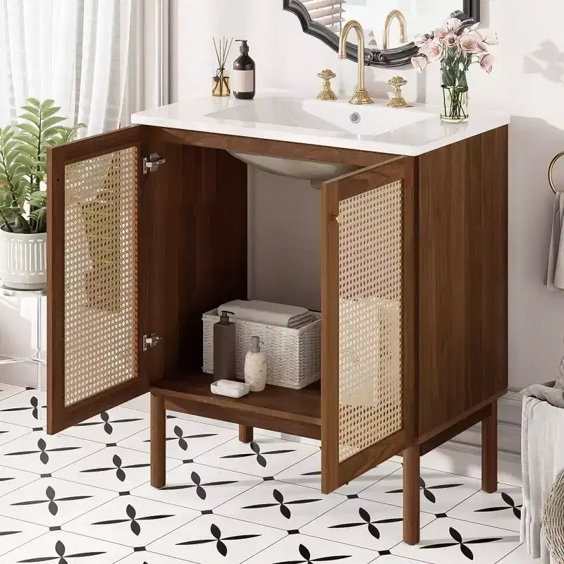 Meuble-lavabo JVNOXK de 30 po Corps de meuble en MDF Portes en bambou tressé à la main avec mécanisme de fermeture en douceur Convient aux chambres à coucher Noyer