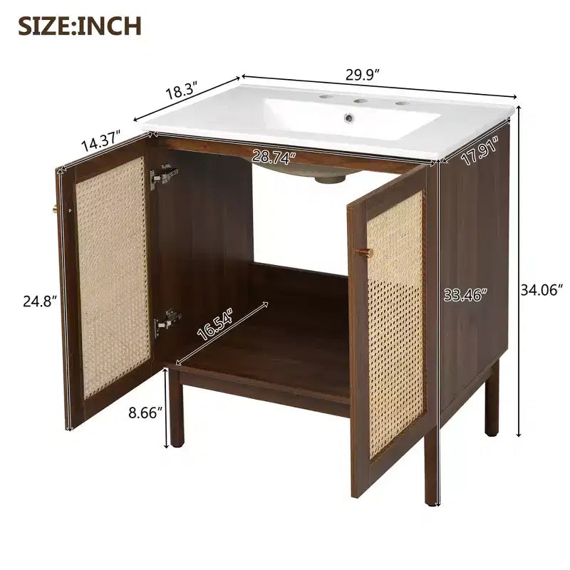 Meuble-lavabo JVNOXK de 30 po Corps de meuble en MDF Portes en bambou tressé à la main avec mécanisme de fermeture en douceur Convient aux chambres à coucher Noyer