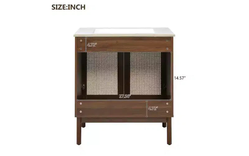 Meuble-lavabo JVNOXK de 30 po Corps de meuble en MDF Portes en bambou tressé à la main avec mécanisme de fermeture en douceur Convient aux chambres à coucher Noyer