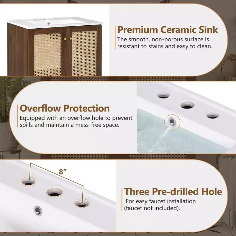 Meuble-lavabo JVNOXK de 30 po Corps de meuble en MDF Portes en bambou tressé à la main avec mécanisme de fermeture en douceur Convient aux chambres à coucher Noyer