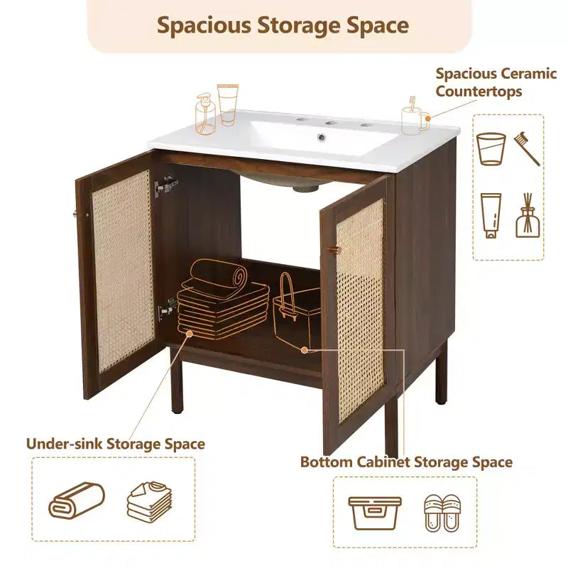 Meuble-lavabo JVNOXK de 30 po Corps de meuble en MDF Portes en bambou tressé à la main avec mécanisme de fermeture en douceur Convient aux chambres à coucher Noyer