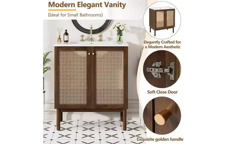 Meuble-lavabo JVNOXK de 30 po Corps de meuble en MDF Portes en bambou tressé à la main avec mécanisme de fermeture en douceur Convient aux chambres à coucher Noyer