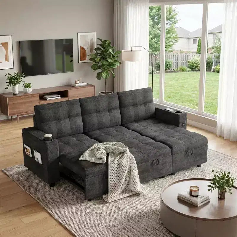 Modular Sectional Sleeper Sofa with Pull Out Bed, l Shaped Cloud Sleeper Couch with Reversible Storage Chaises for Living Room, Dark Grey