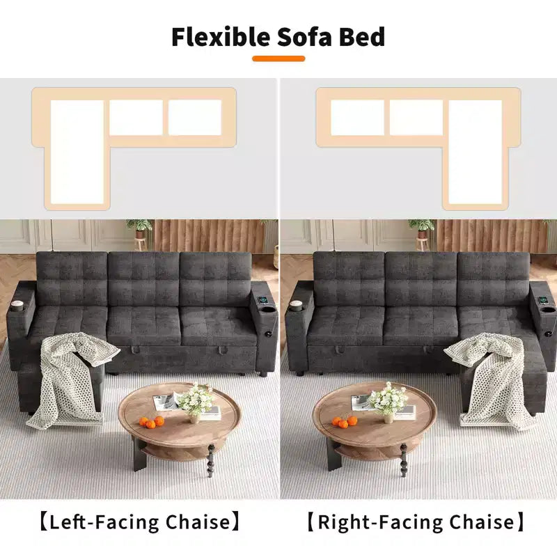 Canapé-lit modulaire avec lit gigogne, canapé-lit en forme de L avec méridiennes de rangement réversibles pour salon, gris foncé
