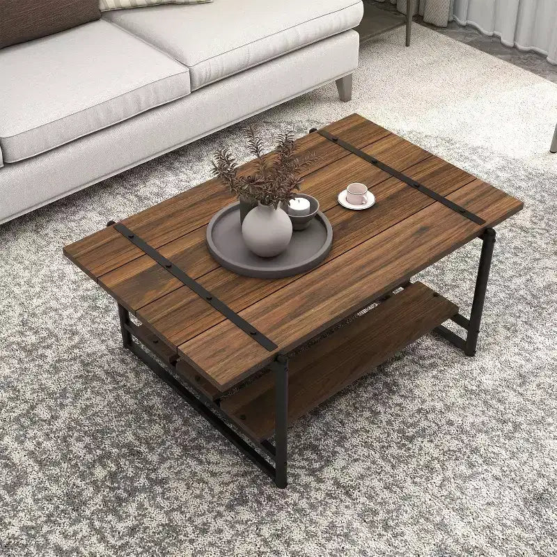 2 Tier Farmhouse Coffee Table for Living Room, 41x22 in, Wooden Center Table with Storage Shelf & Metal Legs for Apartment Office