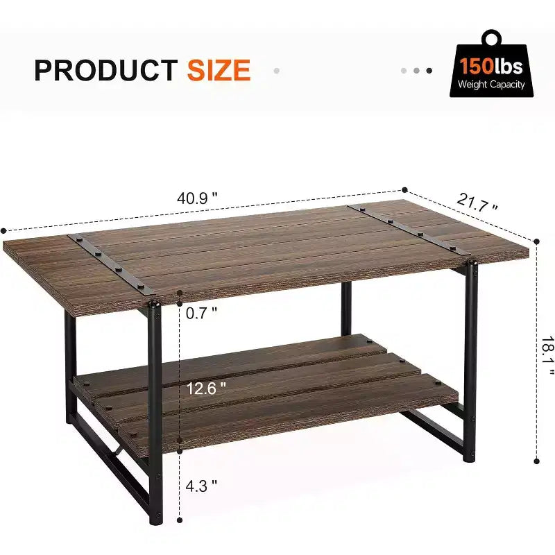 Table basse de ferme à 2 niveaux pour salon, 104x56 cm, table centrale en bois avec étagère de rangement et pieds en métal pour appartement ou bureau