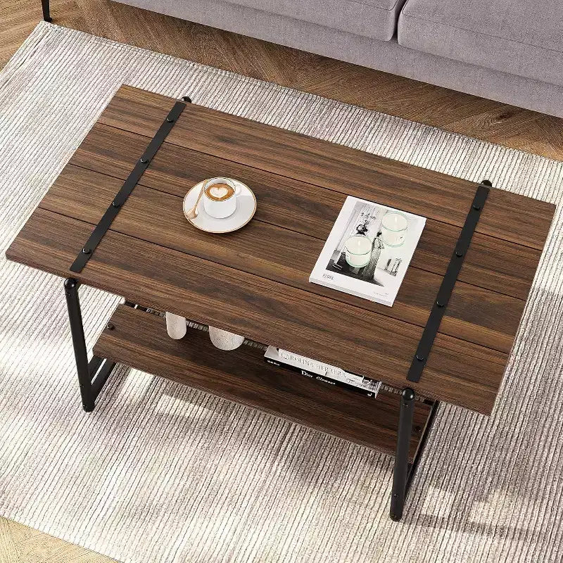 Table basse de ferme à 2 niveaux pour salon, 104x56 cm, table centrale en bois avec étagère de rangement et pieds en métal pour appartement ou bureau