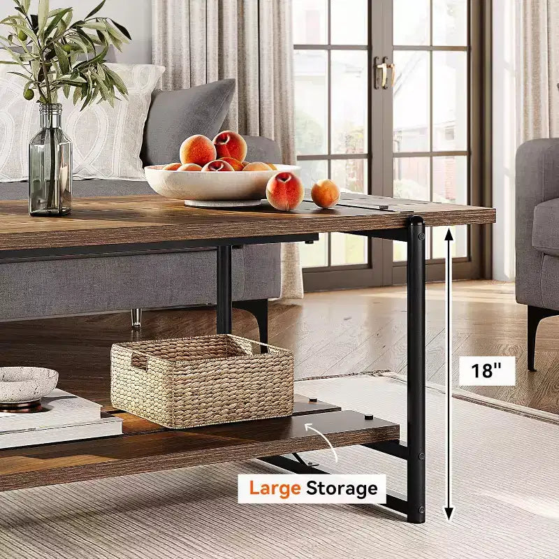 Table basse de ferme à 2 niveaux pour salon, 104x56 cm, table centrale en bois avec étagère de rangement et pieds en métal pour appartement ou bureau
