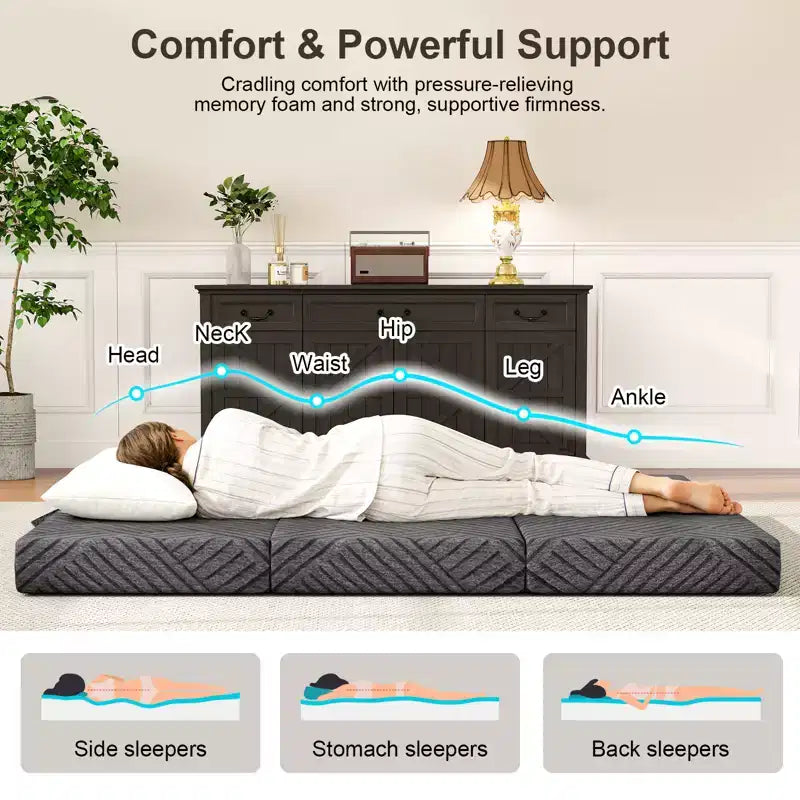 Dyonery 6 Matelas Pliant en Mousse à Mémoire de Forme à Trois Plis avec Sac de Rangement, Lit d'Appoint Portable pour Invités/Camping/Voyage/Yoga