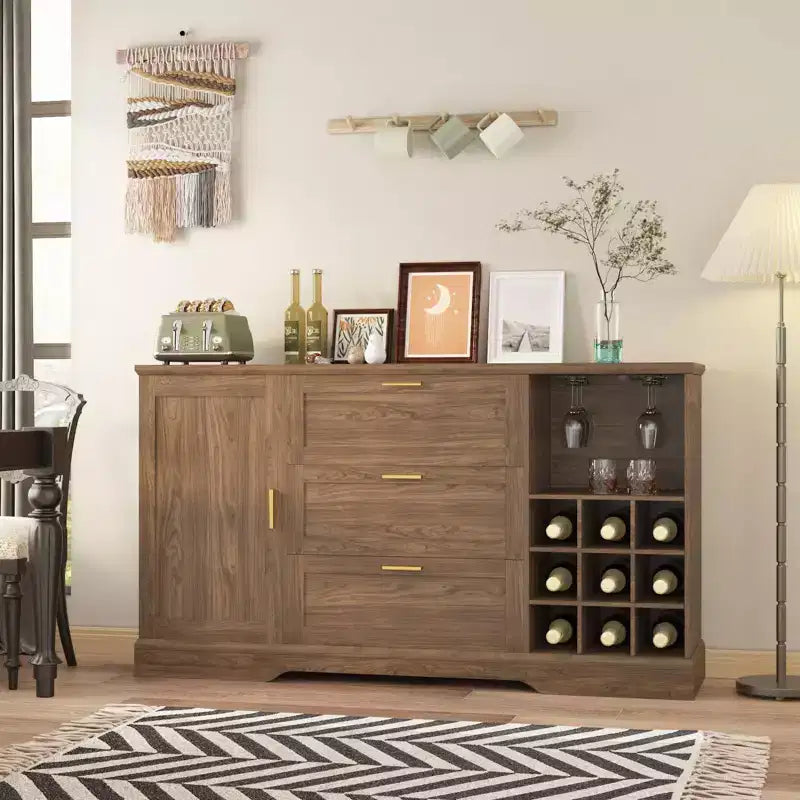 63 Inch Farmhouse Sideboard Buffet with Drawer Adjustable Shelves, Kitchen Island with Door-Back Rack for Snacks, Sideboard for Kitchen Entryway