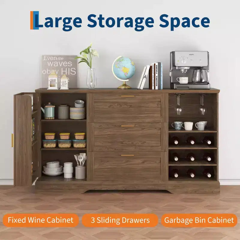 Buffet de ferme de 160 cm avec tiroir et étagères réglables, îlot de cuisine avec porte-dos de porte pour les collations, buffet pour l'entrée de la cuisine