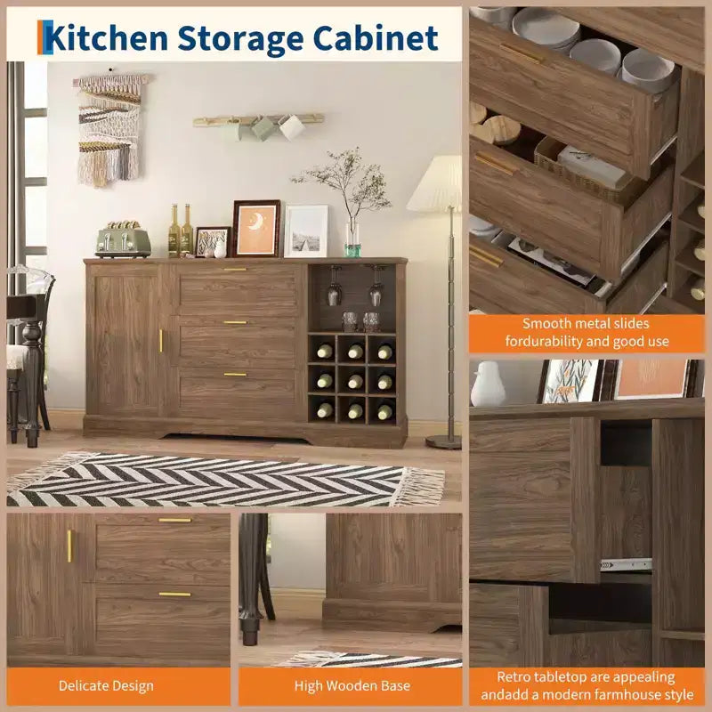 Buffet de ferme de 160 cm avec tiroir et étagères réglables, îlot de cuisine avec porte-dos de porte pour les collations, buffet pour l'entrée de la cuisine