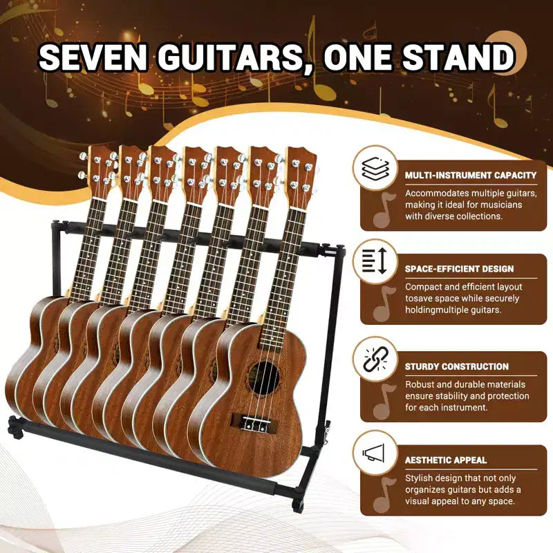Support de Guitare Pliable à 7 Emplacements, Râtelier Universel Multi-Guitares pour Guitares Électriques, Acoustiques et Basses, Rangement Compact pour la Maison ou le Studio