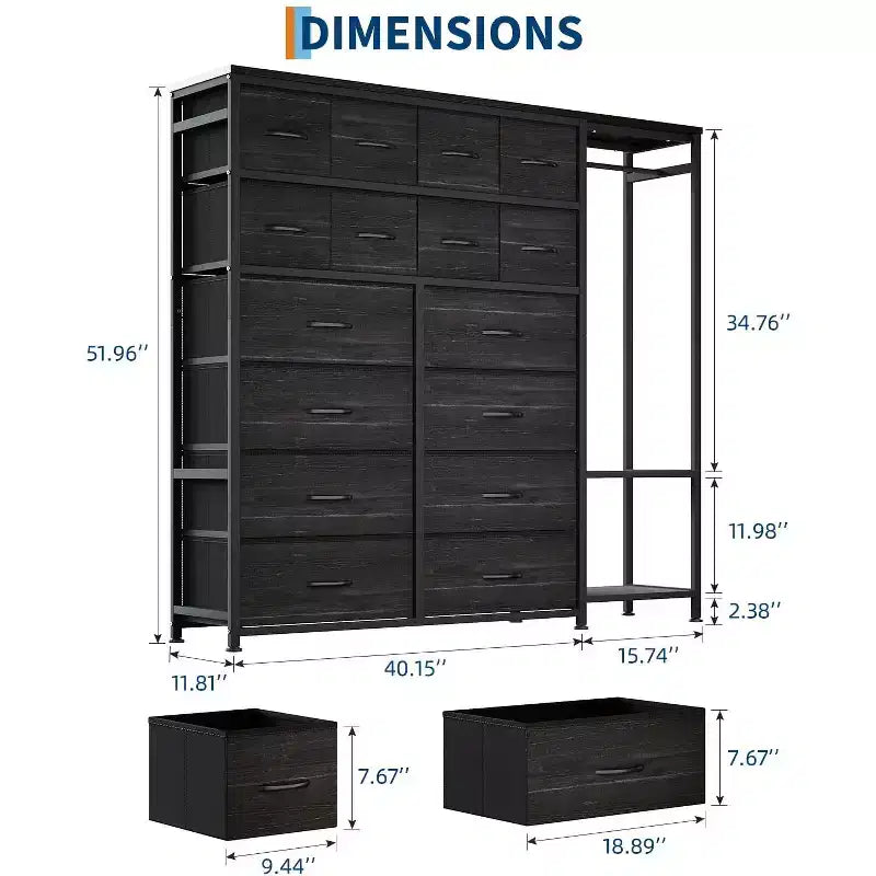 Grande armoire de rangement à 16 tiroirs et 2 étagères – Penderie autonome peu encombrante pour petite chambre