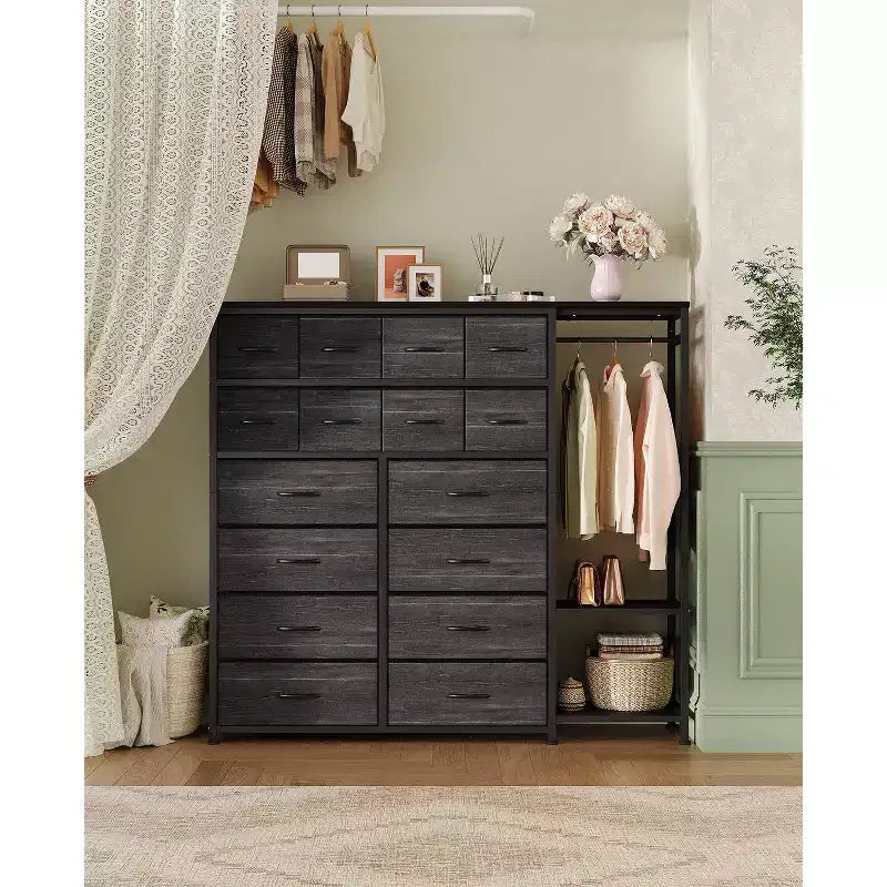 Grande armoire de rangement à 16 tiroirs et 2 étagères – Penderie autonome peu encombrante pour petite chambre