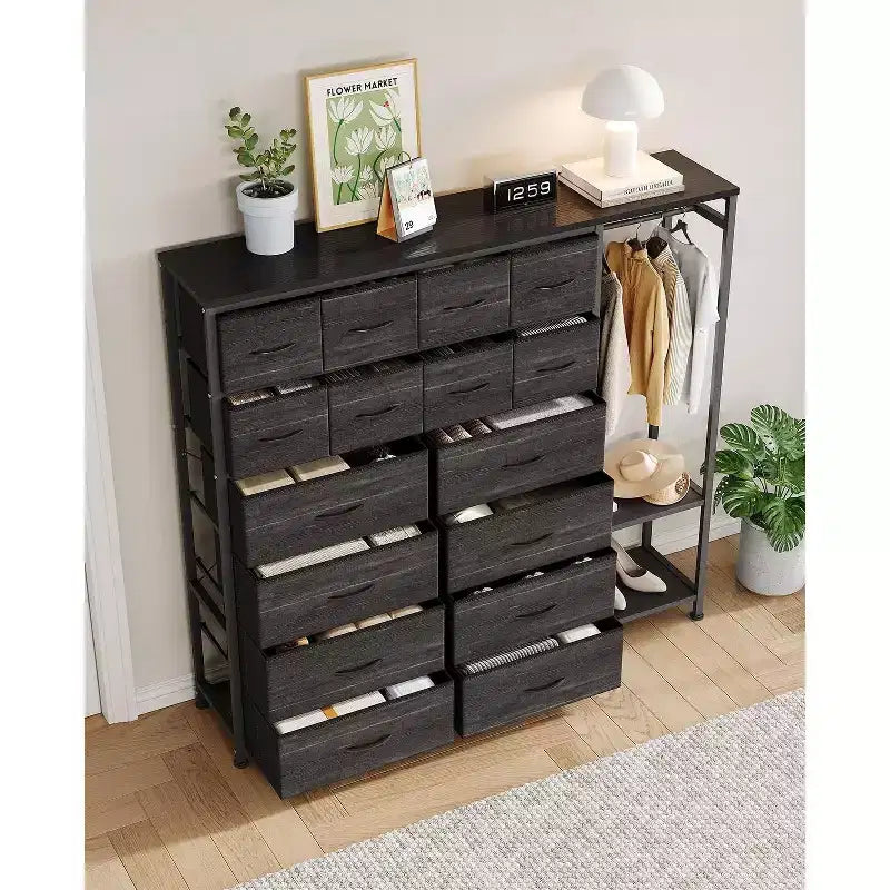 Grande armoire de rangement à 16 tiroirs et 2 étagères – Penderie autonome peu encombrante pour petite chambre