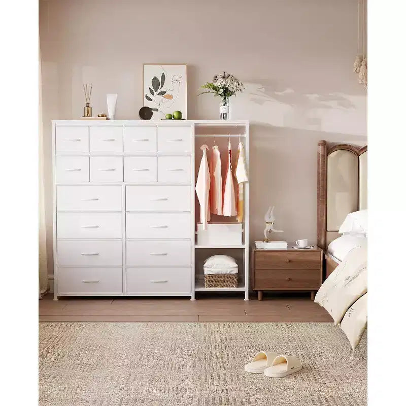 Grande armoire de rangement à 16 tiroirs et 2 étagères – Penderie autonome peu encombrante pour petite chambre