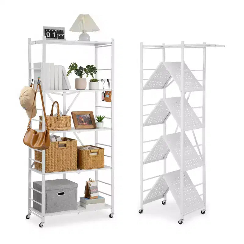 VEVOR 5-Tier Foldable Storage Shelf, 32W x 14D x 72H Inch Folding Metal Rack Shelving Unit, No Assembly Organizer Shelf with 5 Wheels & 4 Hooks,White