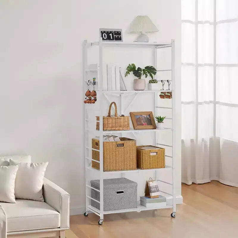 Étagère de rangement pliable VEVOR à 5 niveaux, unité d'étagères en métal pliable 81W x 35D x 183H cm, étagère de rangement sans assemblage avec 5 roulettes et 4 crochets, blanche