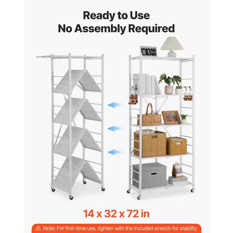 Étagère de rangement pliable VEVOR à 5 niveaux, unité d'étagères en métal pliable 81W x 35D x 183H cm, étagère de rangement sans assemblage avec 5 roulettes et 4 crochets, blanche