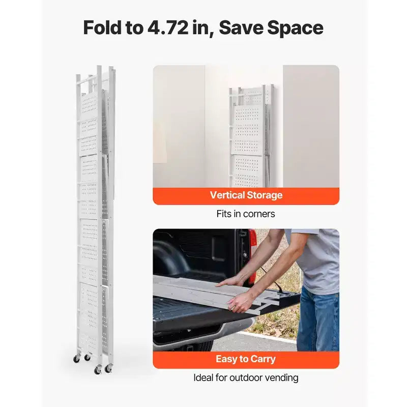 Étagère de rangement pliable VEVOR à 5 niveaux, unité d'étagères en métal pliable 81W x 35D x 183H cm, étagère de rangement sans assemblage avec 5 roulettes et 4 crochets, blanche