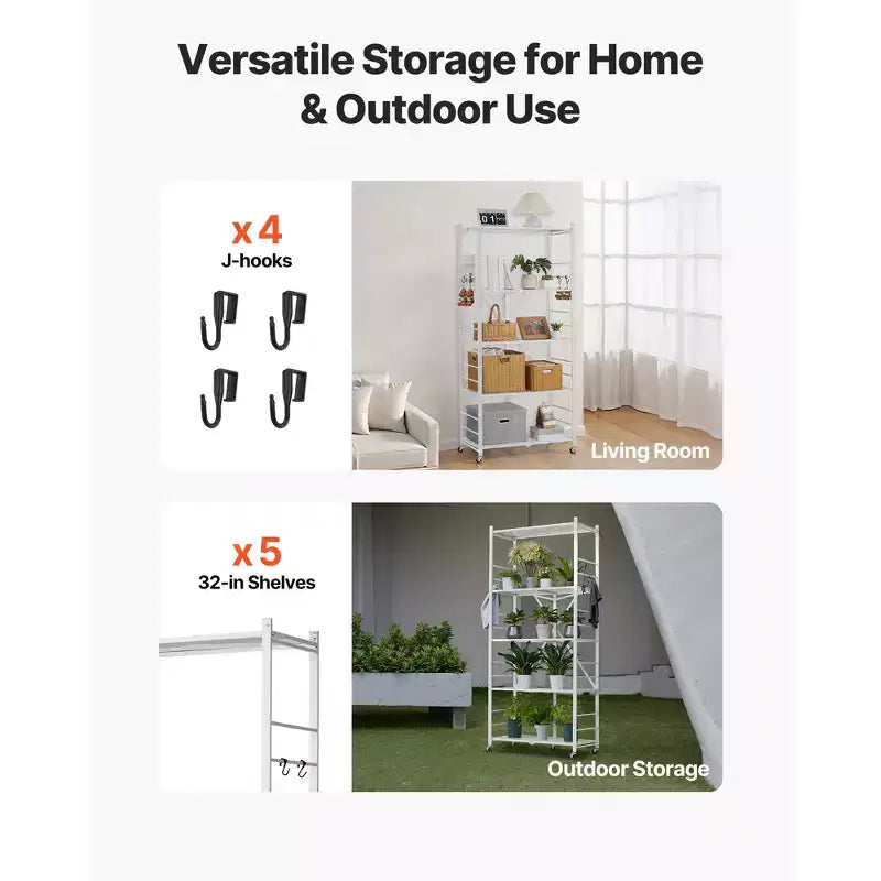 Étagère de rangement pliable VEVOR à 5 niveaux, unité d'étagères en métal pliable 81W x 35D x 183H cm, étagère de rangement sans assemblage avec 5 roulettes et 4 crochets, blanche